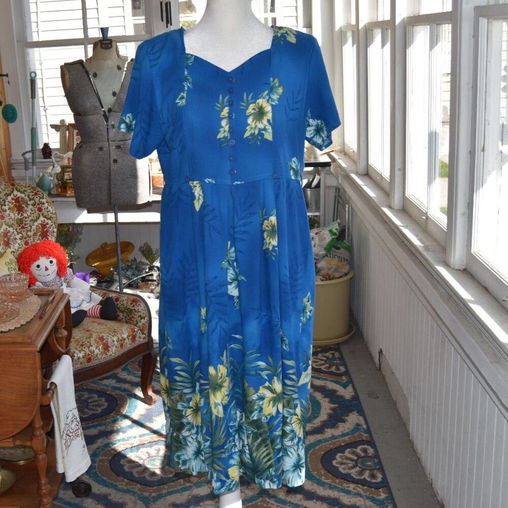 Vintage 90s Erika Petite Blue Rayon Tropical Floral Button Front Midi Dress PL
